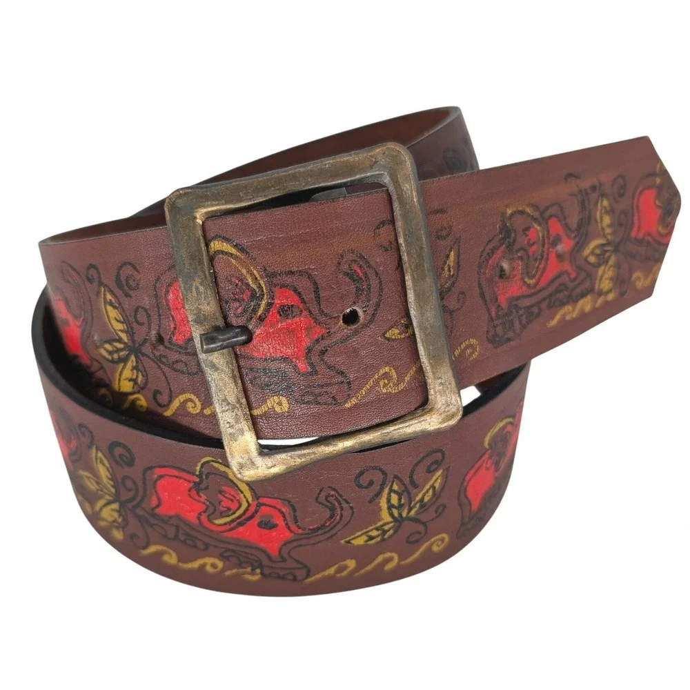 VTG Elephant Hand Painted Leather Wide Belt Unisex OS Brown Boho Western Artisan